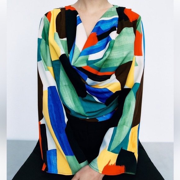 Zara Multicolor Flowy Neckline Crop Bell Sleeve Printed Blouse S - Picture 6 of 12